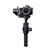 GIF en boucle présentant l'équipement technique d'un vidéaste & photographe à Bordeaux : un stabilisateur motorisé noir avec caméra effectuant une rotation à 360° sur fond transparent.